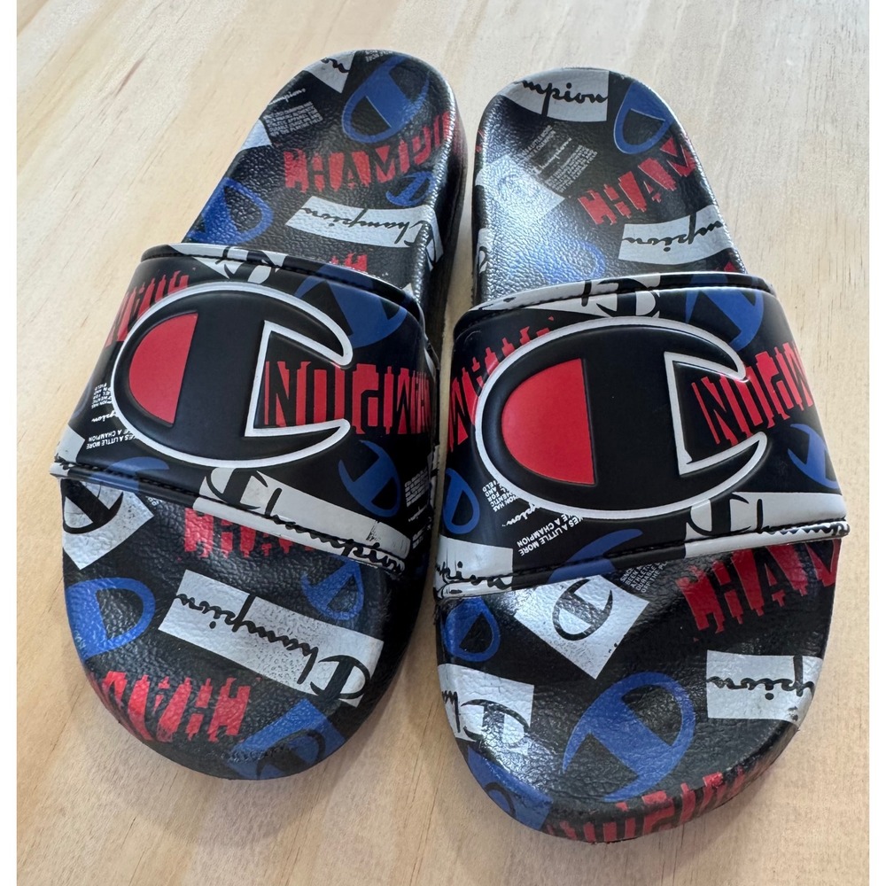 Champion‎ Kids Repeat Logo Slide Sandals Red White Blue Size 1Y Sporty Steetwear